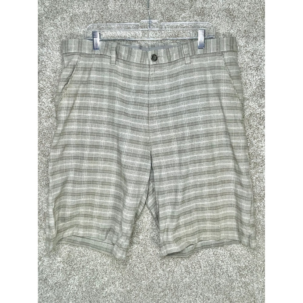 Perry Ellis Plaid Flat Front Shorts Men 38 Beige White Cotton Casual Golf Preppy